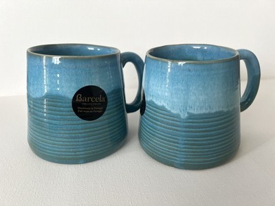 2 Barcela Turquoise Fire Glazed 16 oz Ceramic Mugs - Portugal, NEW