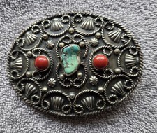 Vintage Alpaca Mexico Silver  Turquoise Belt Buckle Southwest Style
