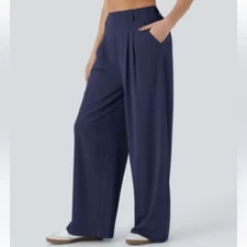Halara Navy Blue Wide Leg Breezeful High Waisted Pants Womens L Pleated Preppy