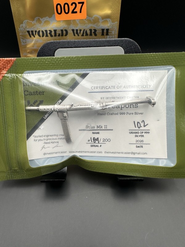 Investment Caster Weapons Sten Mk II Silver 10.2g .999 2026 COA 🔥