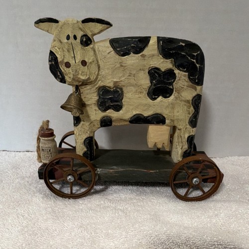 Vintage Wooden Cow Pull Toy with Bell and Milk Bottle for Ages 3-11 Years - Picture 1 of 5
