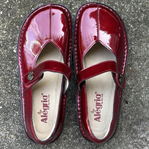 Alegria Red Mary Jane’s Fay 7844XW Patent Shiny Leather Sz 36 Hook And Loop VGUC