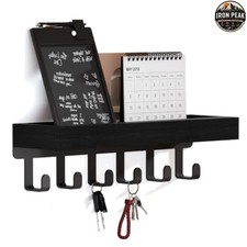 Wall Key Holder With Mail Organizer Black Wood 6 Hooks Shelf Rustic Entryway