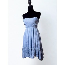 Blue Strapless Scalloped Hem Tiered Babydoll Tieback Dress
