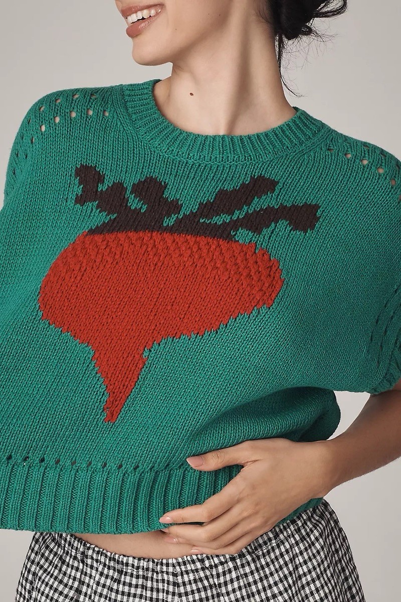 Anthropologie Maeve Short Sleeve Turnip Veggie Motif Sweater (Size