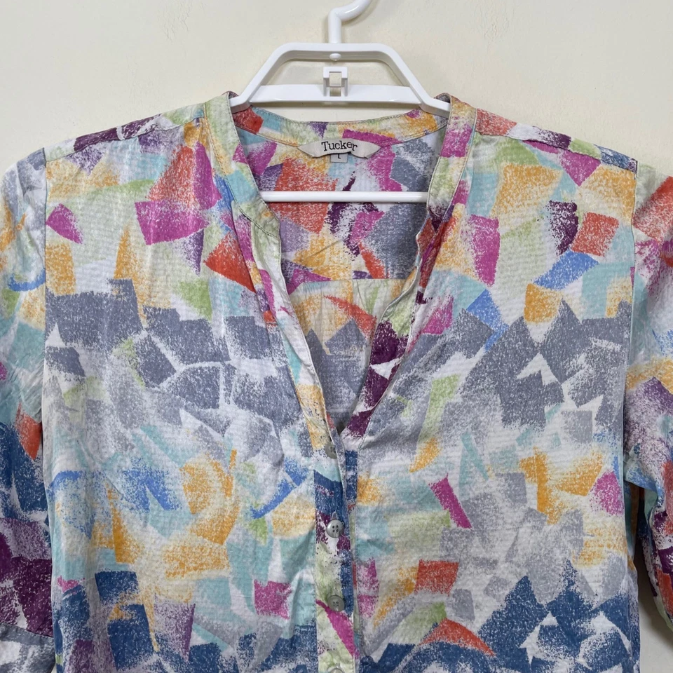 Vestido Camisa Túnica Tucker 100% Seda Estampado Abstracto Abotonada L Multicolor Artístico Foto 3 de 4