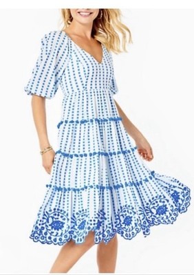 Lilly Pulitzer Blue and White Gingham Tiered Midi Dress with Pom-Pom Trim