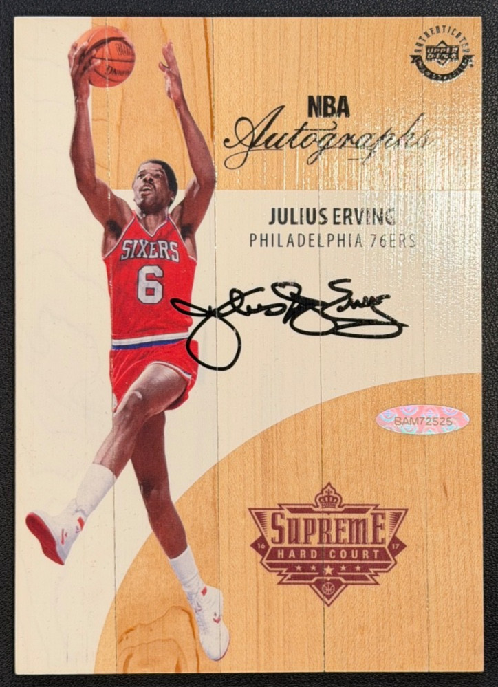 Julius Erving 2016-17 Upper Deck Supreme Hard Court Game Used Floor Auto