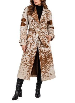 Cow Print Leather Women Trench Long Coat Real HairOn Pony Skin Western Overcoat.