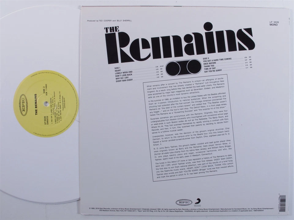 REMAINS Self Titled SUNDAZED LP-5539 LP NM mono white vinyl 2016 reissue z - Image 2 of 2