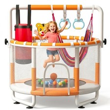 55" Kids Indoor Trampoline with Safety Net, Adjustable Gymnastics Bar  Toys ...