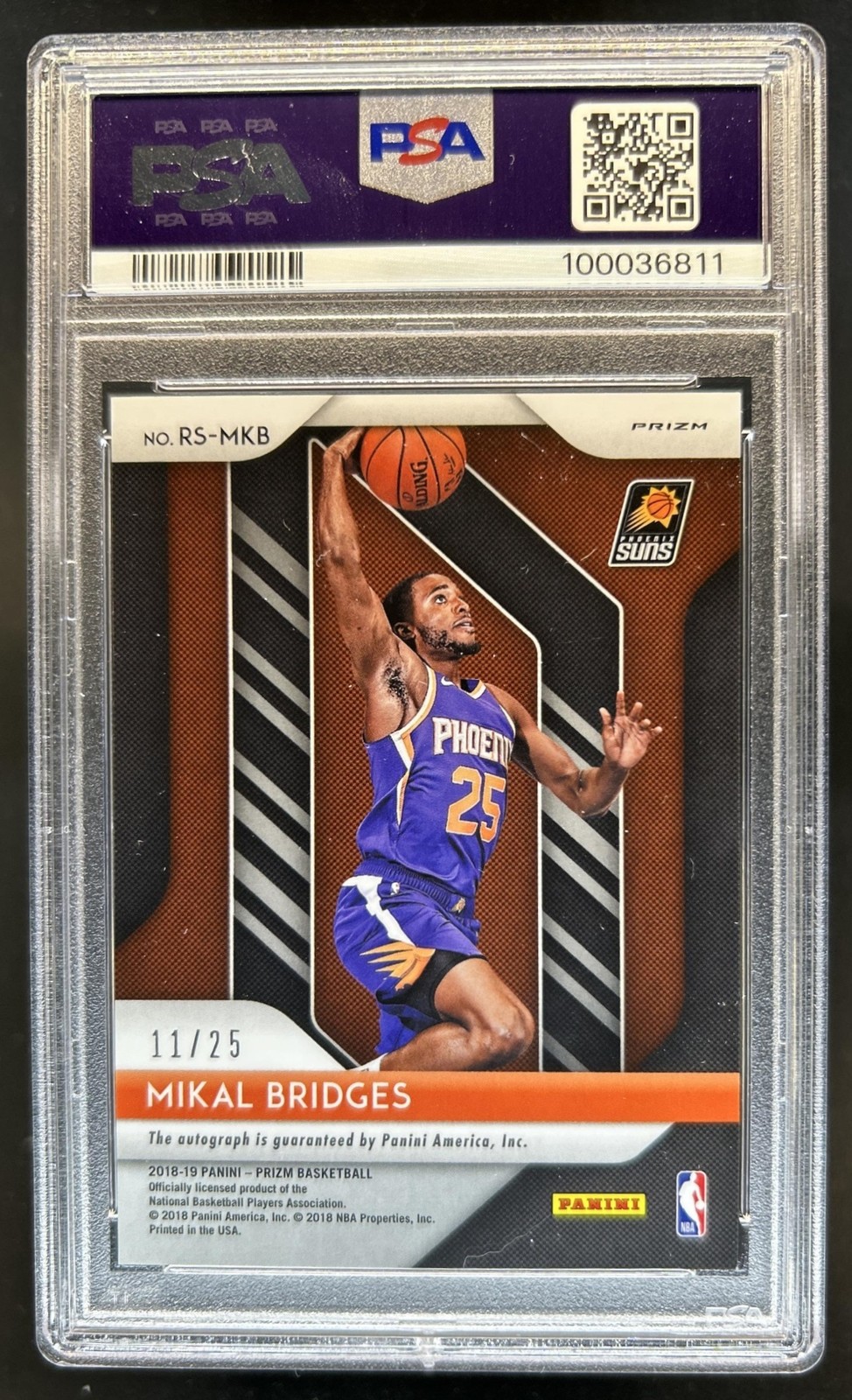 2018-19 Panini Prizm Mikal Bridges Rookie Prizm Mojo Auto RC #/25 Suns PSA 9 view 2