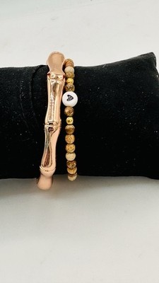Rustic Cuff Picture Jasper Bead Stretch Bracelet White Heart Charm Logo Tag RC
