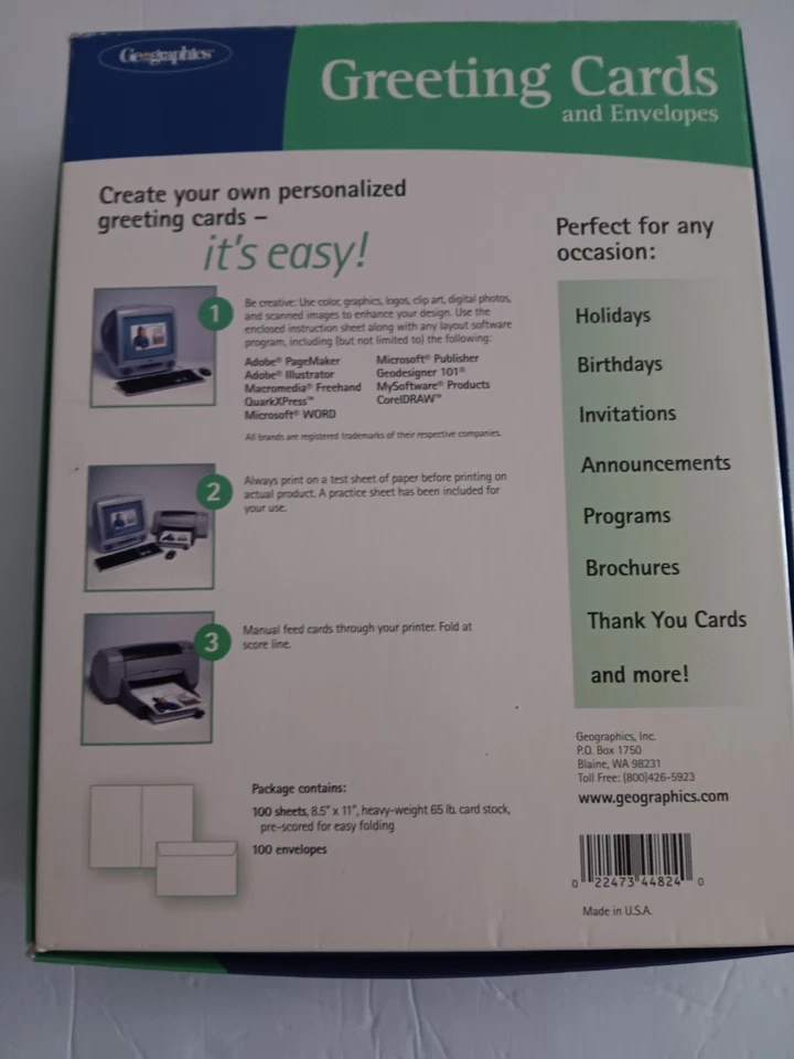Tarjetas de felicitación y sobres blancos Geographics 100 juegos en blanco 8,5 x 11 pre puntuados Foto 3 de 4