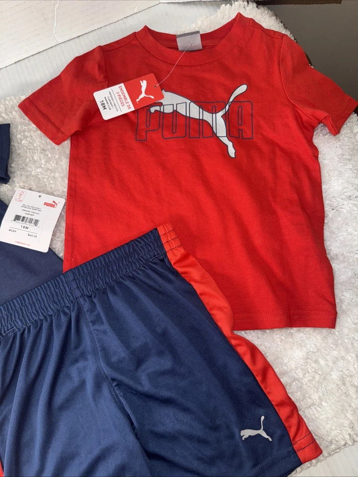 3 件套彪马海军蓝和红色两件 T 恤和一对短裤 18 个月 — 第 2/4 张图片