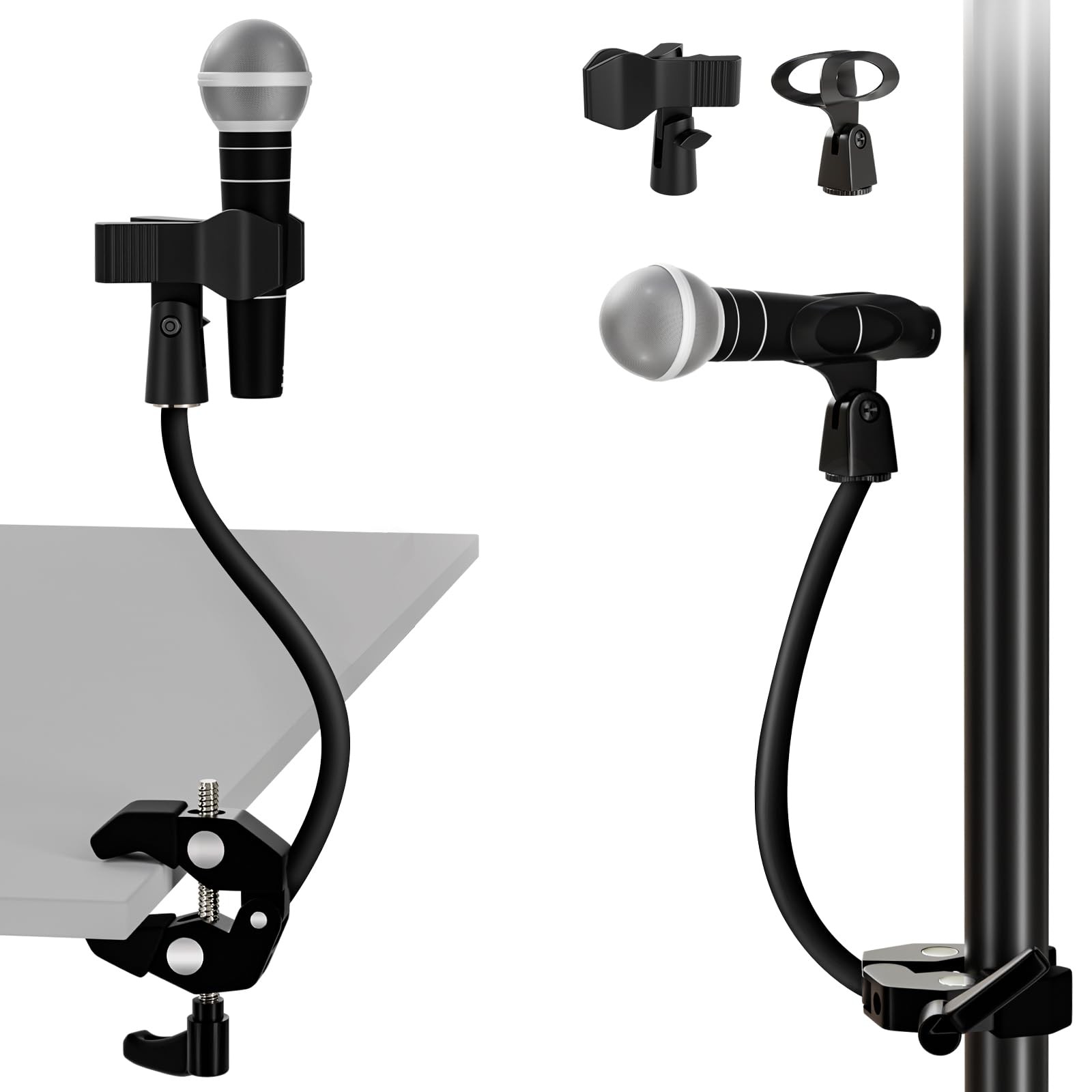 Gooseneck Microphone Stand 2 Mic Clips Adjustable Holder Flexible Desk Mount
