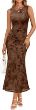 Womens Sleeveless Floral Bodycon Maxi Dress Mesh Ruched Summer Party Dresses