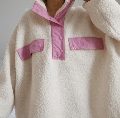 H&M Sherpa Fleece Pullover Jacket Half Snap Ivory with Pink Size M Oversized