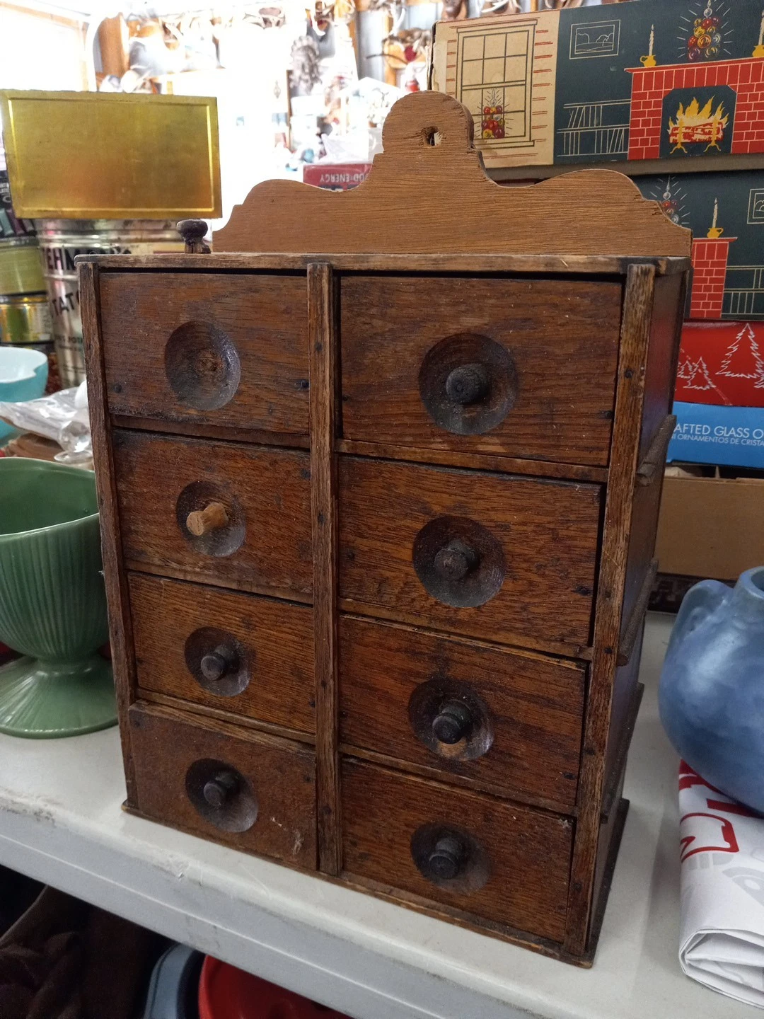 Antique Wooden 8 Drawer Spice Cabinet Apothecary Hanging Wall Shelf 14 x 10”