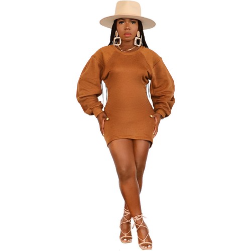 Fashion Women Solid Long Puff Sleeves Crew Neck Bodycon Winter Party Mini Dress - Picture 11 of 13