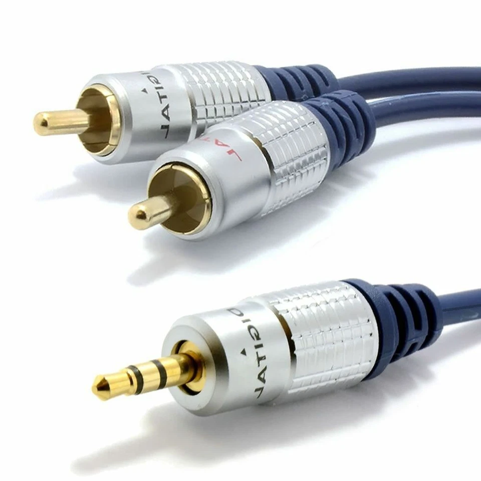 RCA to 3.5mm Jack to 2 x RCA Phono Audio Cable Aux to Twin RCA Shielded OFC Gold