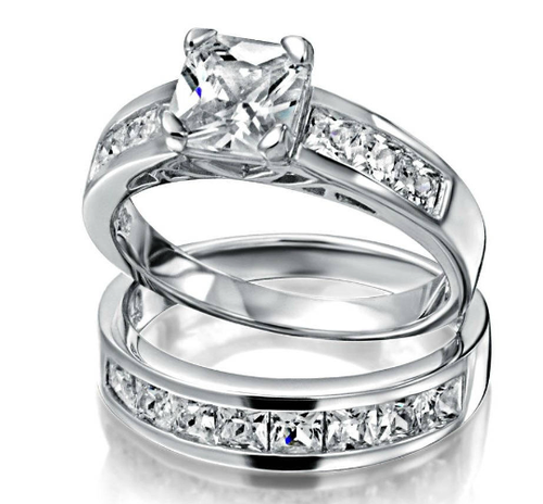 14k White Gold Sterling Princess Diamond cut Engagement Ring Wedding ...