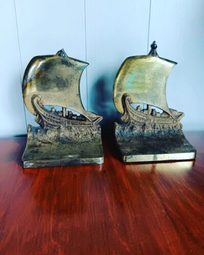 Pair of 1920's Bronze Wash "Viking Ship" Bookends by Bradley & Hubbard - Picture 1 of 3
