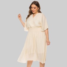 Women' s Summer V Neck Loose Casual Long Dress Solid Color Plus Size
