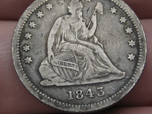1843 P Silver Seated Liberty Quarter- Philadelphia, VF/XF Details