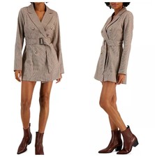 Kit & Sky Juniors' Plaid Blazer Dress Belted Waist Medium Houndstooth Plaid Tan