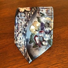 Elegant Floral Print Silk Tie in Blue Gray W/ Watercolor Cherry Blossom Design