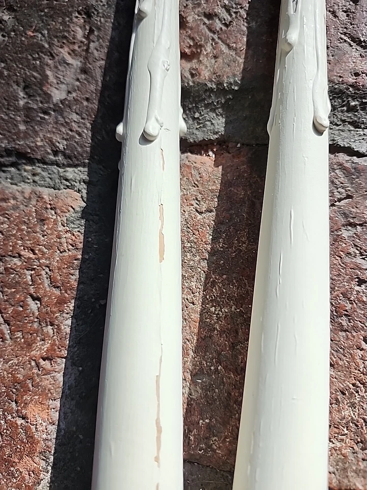 Vintage Set of 2 Wood Candle Sticks Tapers Melting White Chippy Faux Candles # — 第 3/4 张图片