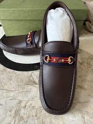 New Gucci Brown Leather GG buckle canvas strip Loafers Shoes  display picture 2