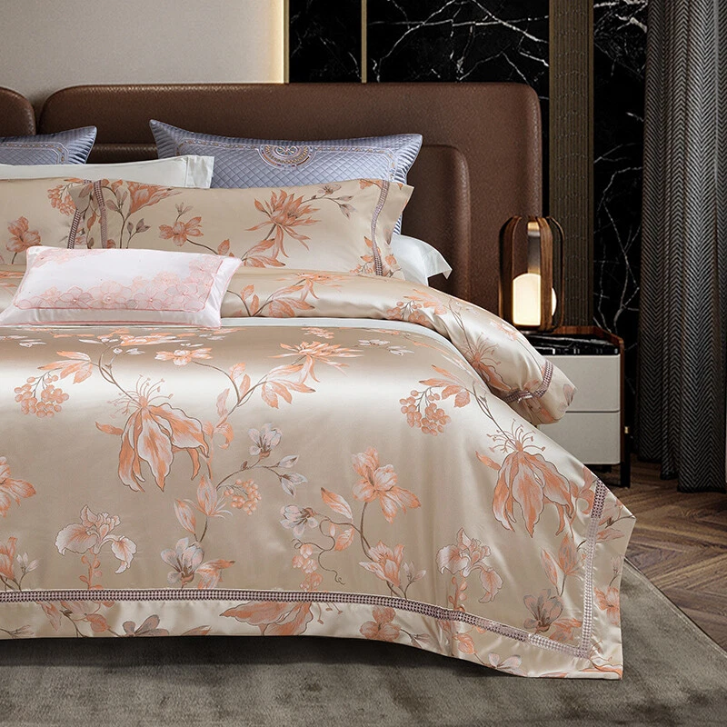 Juego de ropa de cama de algodón de seda natural 4 piezas funda de edredón funda de cama/plana/juego de sábanas ajustadas Foto 2 de 4