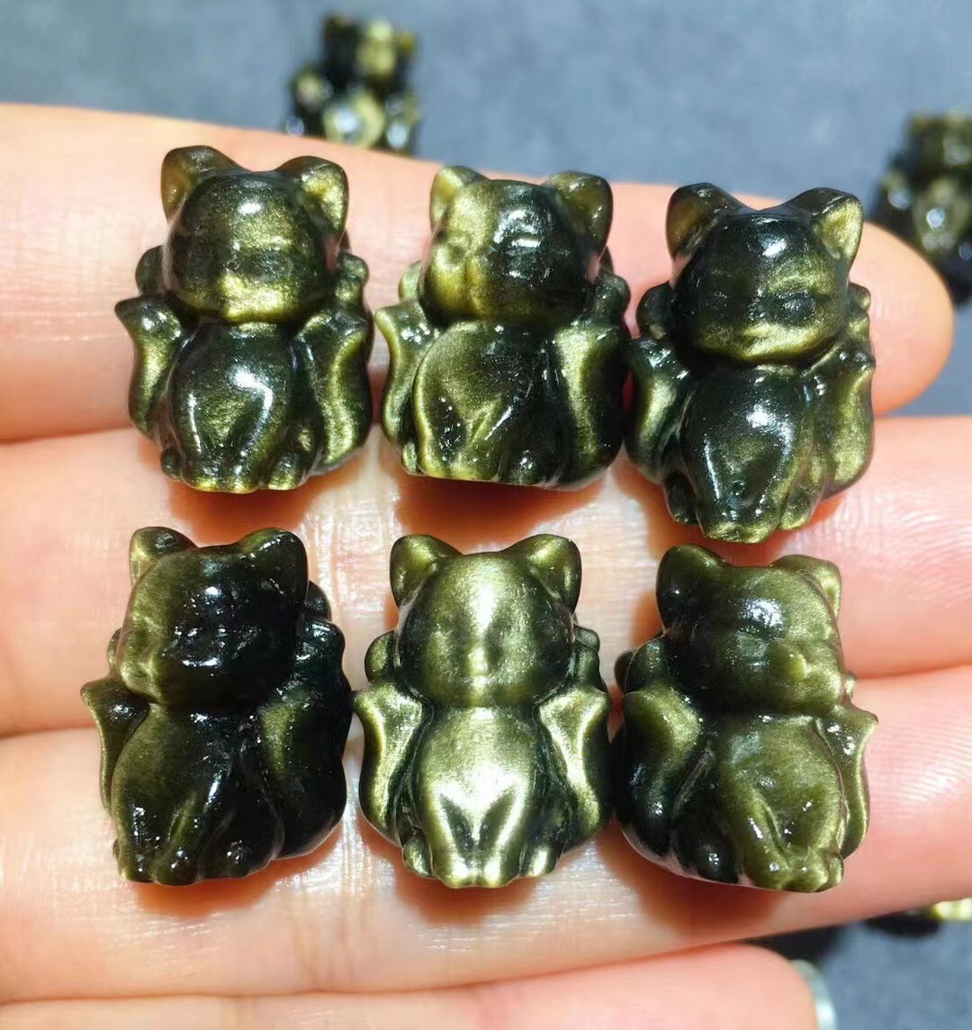 5pcs Hand-Carved Gold Obsidian Fox Crystal for Reiki Healing