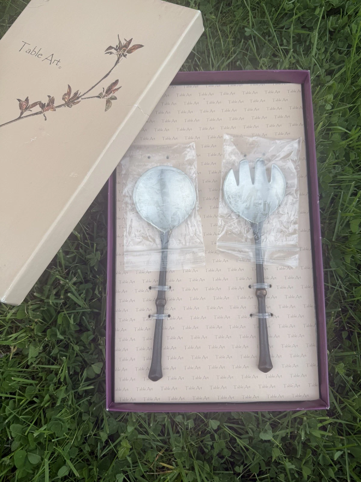 Table Art Bamboo Design Pewter Serving Set Fork and Spoon NEW Michael Michaud