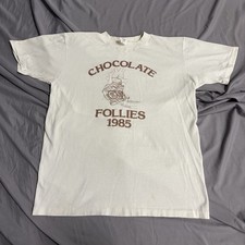 Vintage 80s Chocolate Follies 1985 HMTVC White T Shirt Size Medium Made In USA
