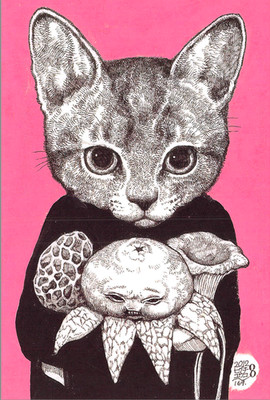 Japanese Postcard: Pretty Cat in Black holds Vegetable & Flower -  Yuko Higuchi