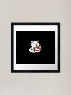Kawaii Cat Eating Ramen Noodles Jap Framed Wall Art Poster Canvas Print Picture