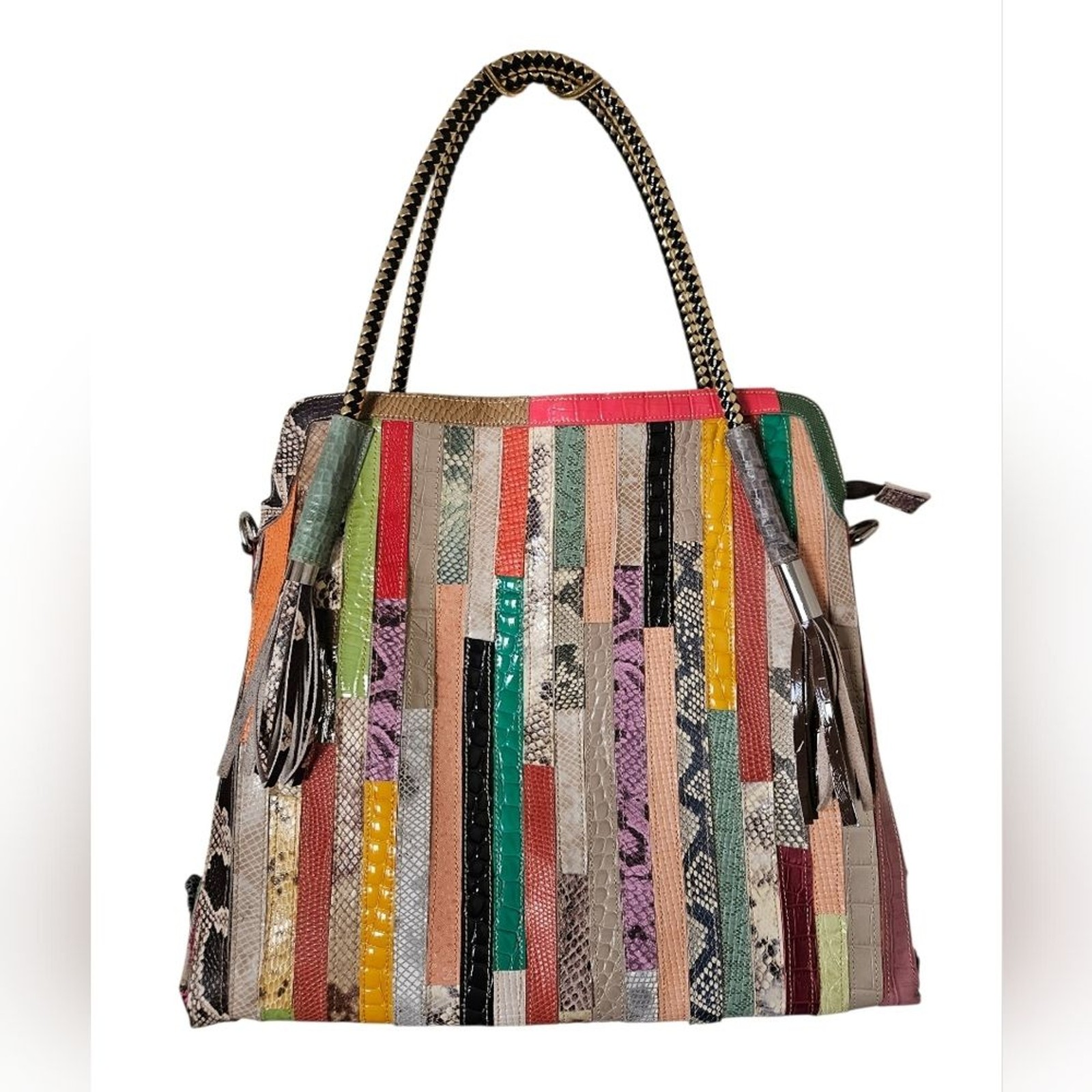 Multicolor Mixed Media Patchwork Striped Leather … - image 2