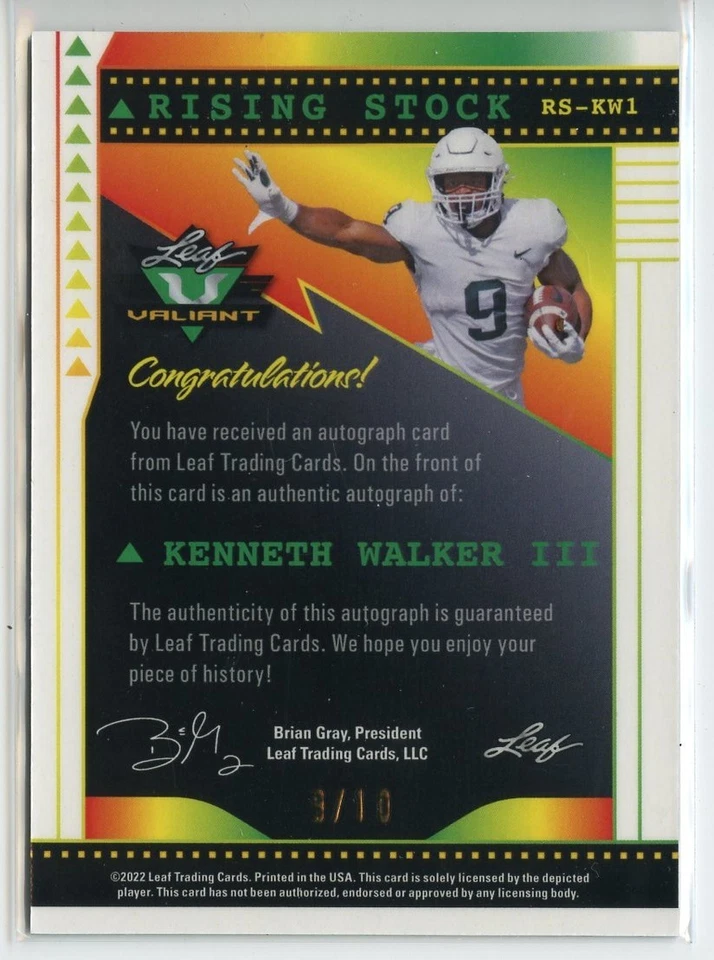 2022 Leaf Valiant KENNETH WALKER III Rising Stock Platinum Blue Auto RC - #/10 - Image 2 of 2