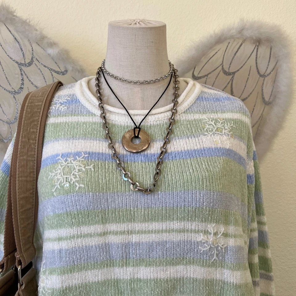 Suéter de Chenilla Copo de Nieve a Rayas Grunge Pastel Lentejuelas de Gran Tamaño Acogedor Tejido Y2K Foto 3 de 4