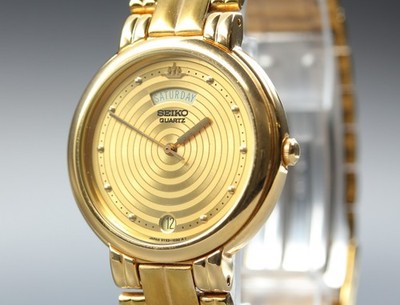 Vintage 1991 Near Mint Seiko 5Y23-1000 Concentric Dial Day Date Gold Quartz Mens