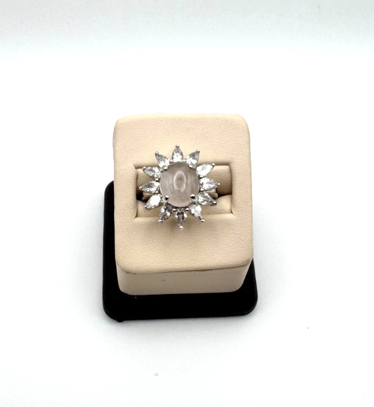 Sterling Silver Rock Crystal Quartz and Cubic Zirconia Floral Ring size 6