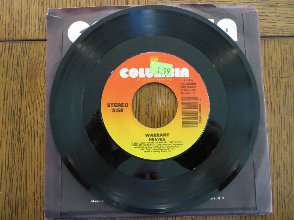 Warrant – Heaven / In The Sticks - 1989 - Columbia 38-68985 7" Single VG+ - Image 3 of 4