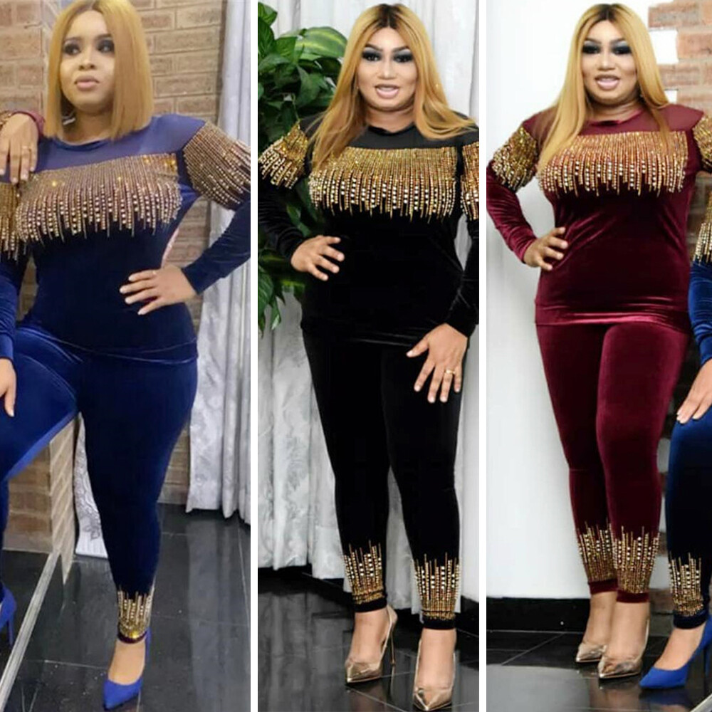 Two Piece Women Velvet Set Long Sleeve Tops Pants Sequin Casual Tracksuit  Outfit | eBay