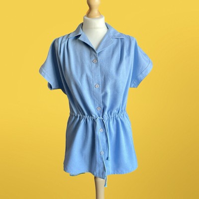 VTG St Michael Blue Thick Woven Blouse Top Size 12 Bust 34 Drawstring Waist Silk