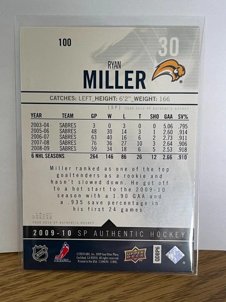 2009-10 Upper Deck SP Authentic Hockey #100 Ryan Miller - Image 2 of 2
