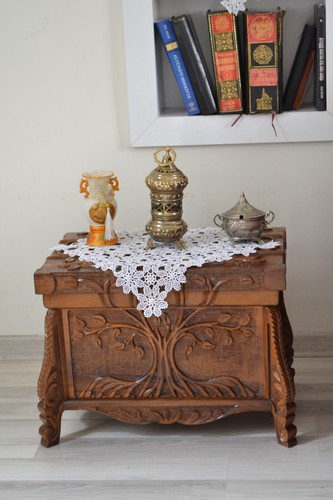 Tree of Life Wooden Chest Toy Storage Box Trunk Table Hand Carved Walnut Wood - Picture 8 of 13