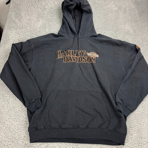 Harley Davidson Mens Black Pullover Hoodie Drawstring Long Sleeve Fleece Size XL